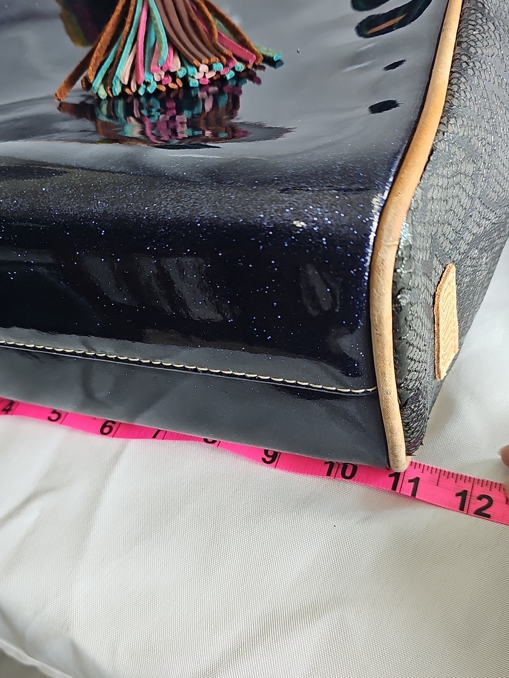 Consuela Navy Glitter Patent Tote with Black/green Sides and Tan Trim - Picture 5 of 10